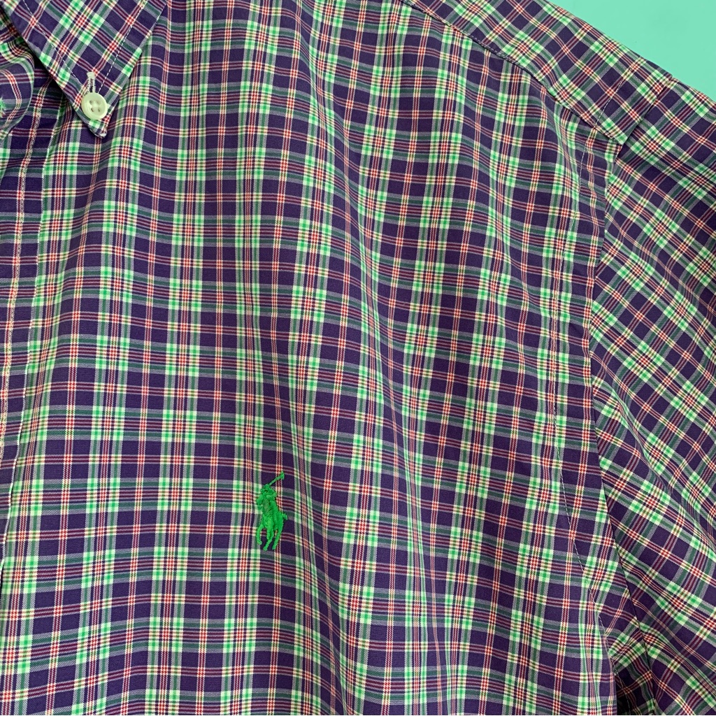 Ralph Lauren Classic Fit Blue Label Green Pony Purple Plaid Short Sleeve Shirt M